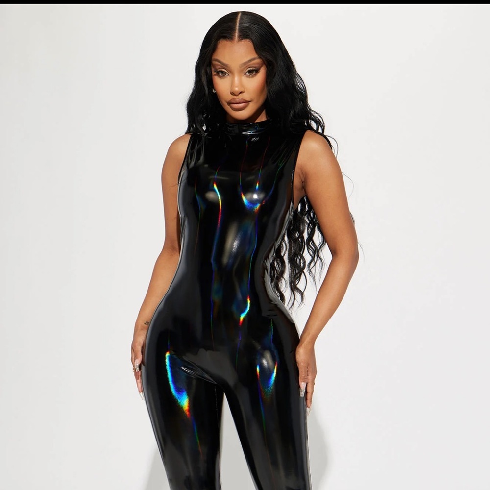 FashionNova Amber holographic Latex Jumpsuit